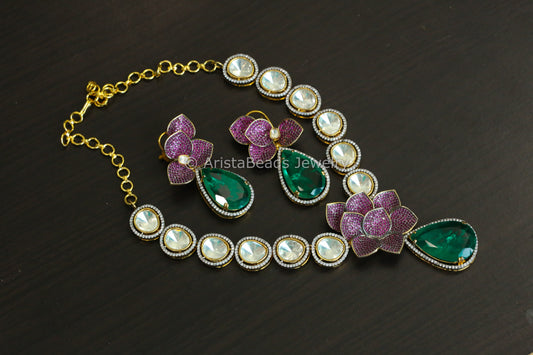 Designer Green Doublet, Fine CZ & Polki Necklace Set