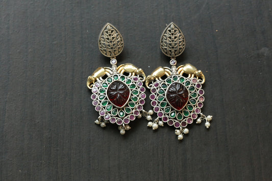 Carved Stone Dual Tone Earrings -Ruby Green