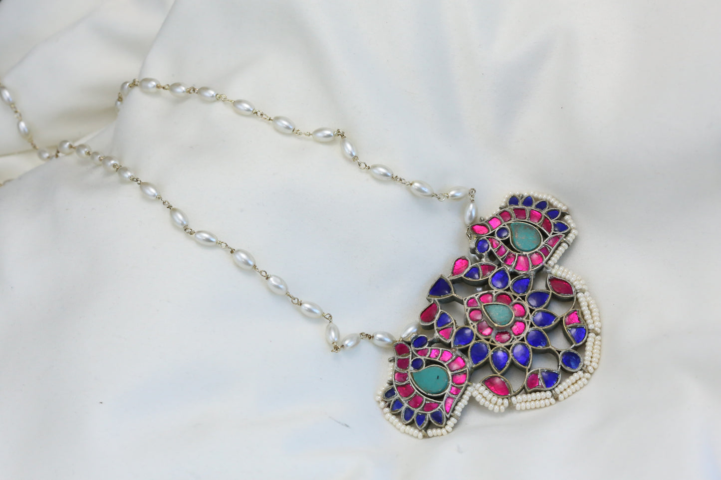 Jadau Kundan Silver Finish Necklace - Blue Ruby