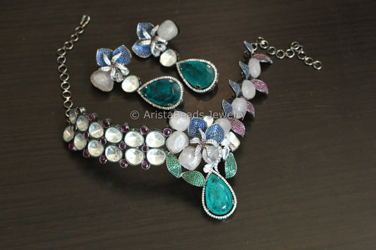 Designer Rose Quartz, Fine CZ & Polki Choker Set - Teal Blue