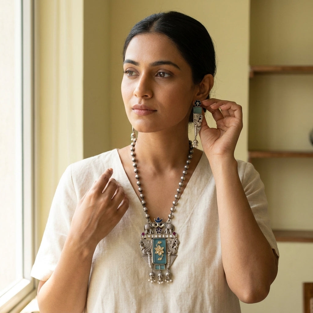 Inlay Work Long SLA Necklace Set - Blue