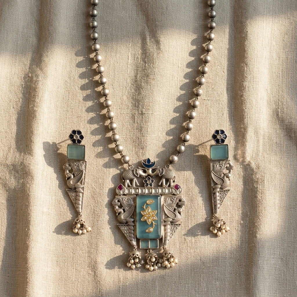 Inlay Work Long SLA Necklace Set - Blue