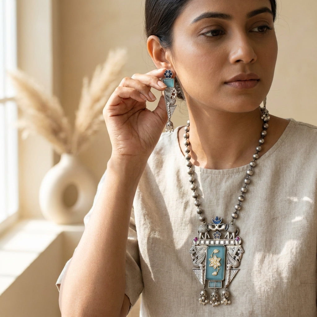 Inlay Work Long SLA Necklace Set - Blue