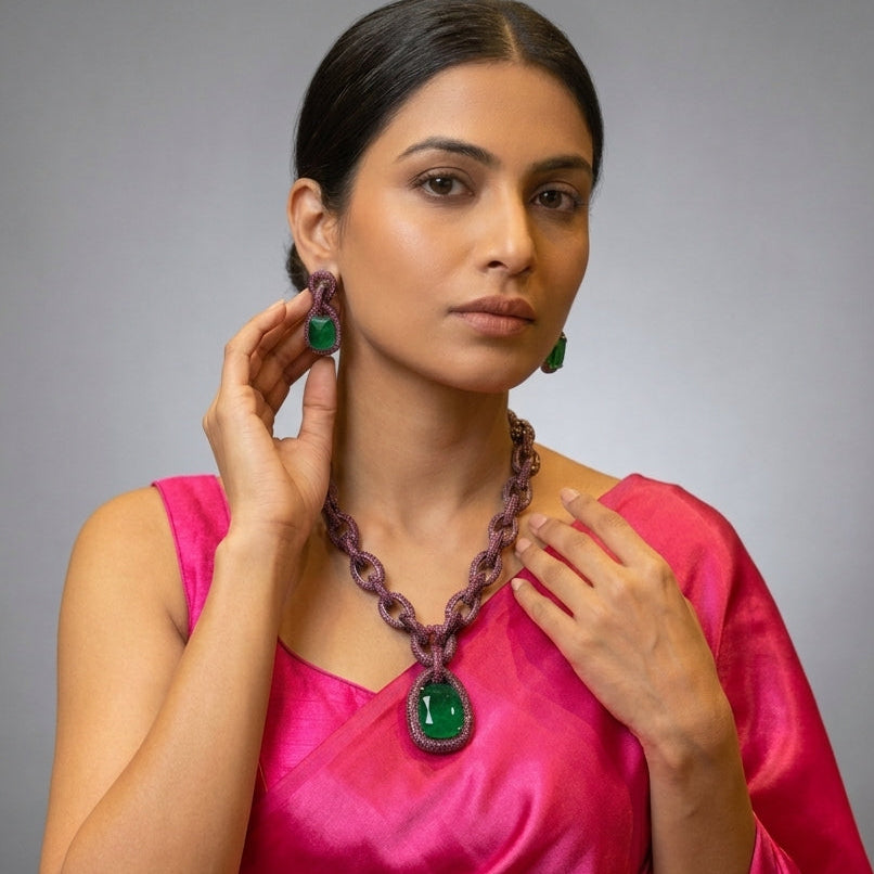 Contemporary CZ & Green Pota Doublet  Necklace Set