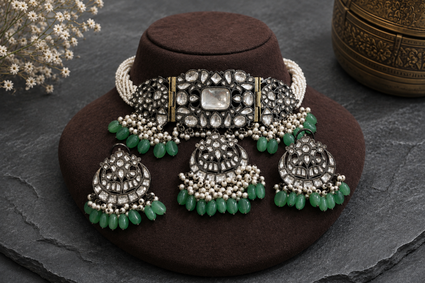 Kashish Victorian Oxidized Faceted Jadau Kundan Choker Set