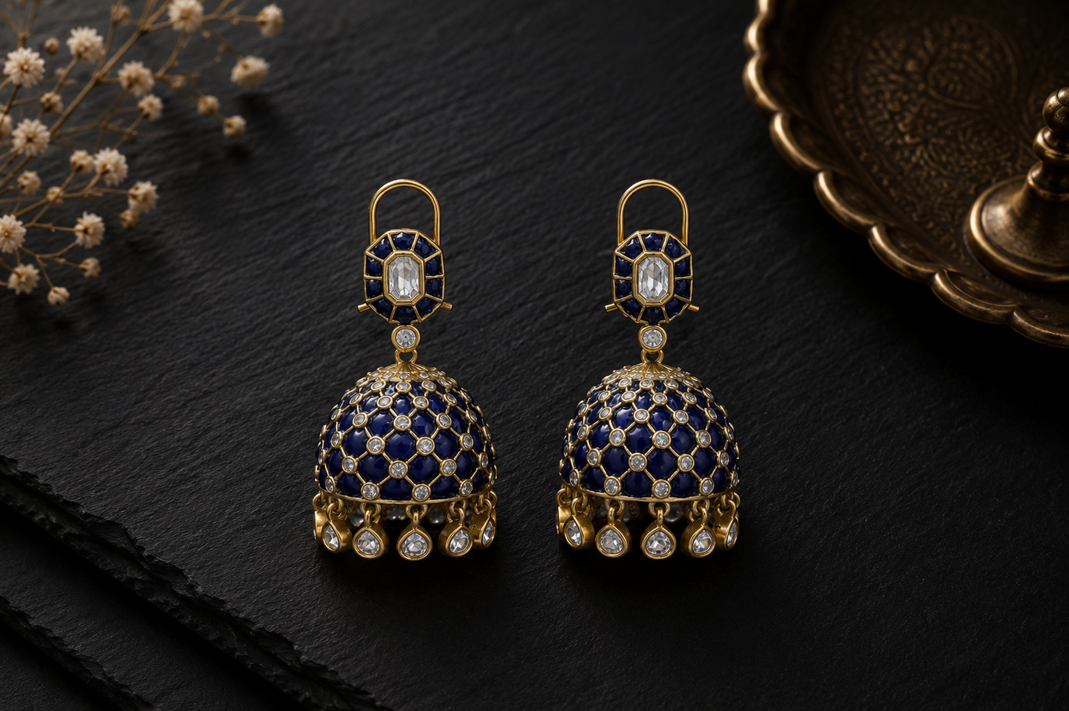 Takkar Kundan Polki Kundan Jhumka - Blue