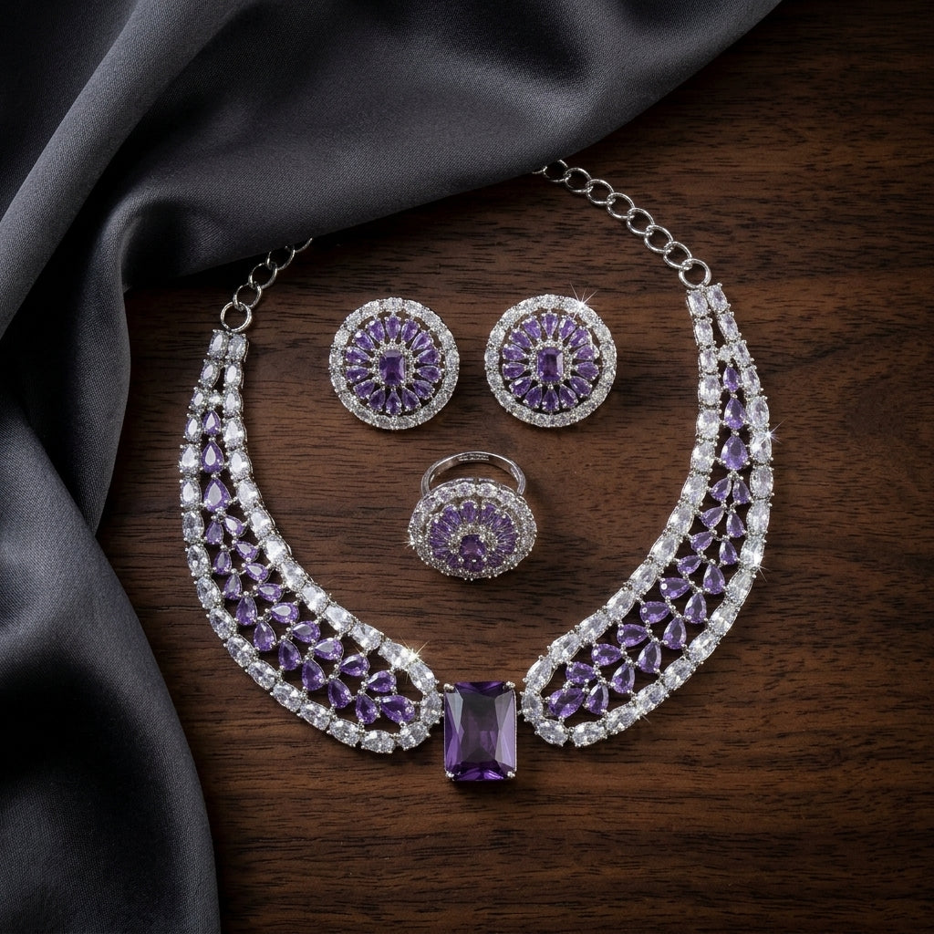 Lavender CZ Necklace, Earrings & Ring Set