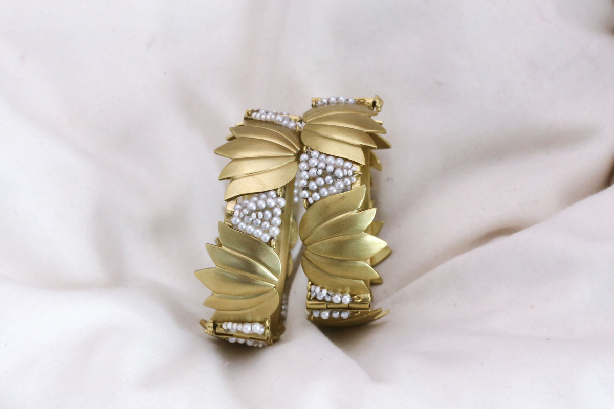 Vintage Lotus & Pearl Statement Bangle (Openable)