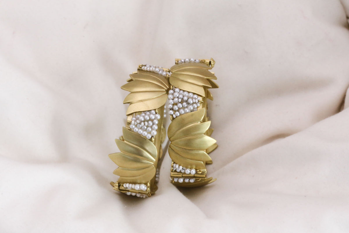 Vintage Lotus & Pearl Statement Bangle (Openable)