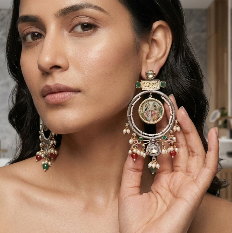 Statement Moissanite Kundan Jadau Chandbaali - Green