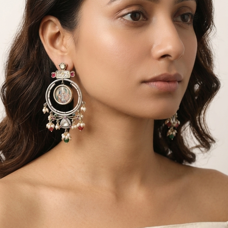 Statement Moissanite Kundan Jadau Chandbaali - Ruby
