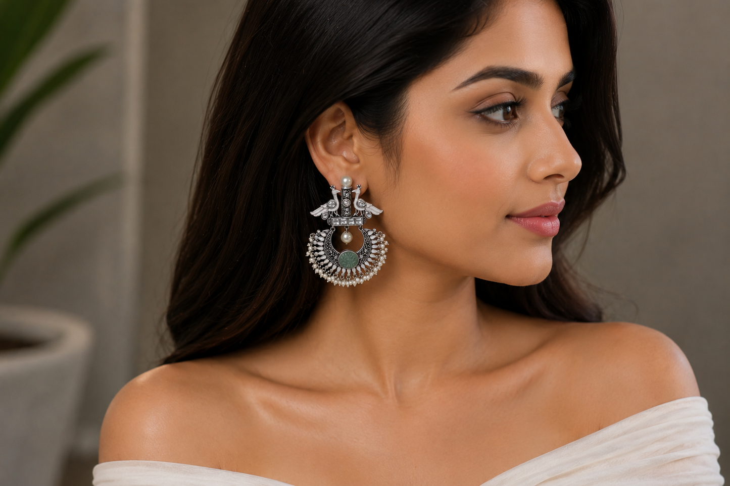Peacock Kundan Enamel Chandbaali - Silver Finish