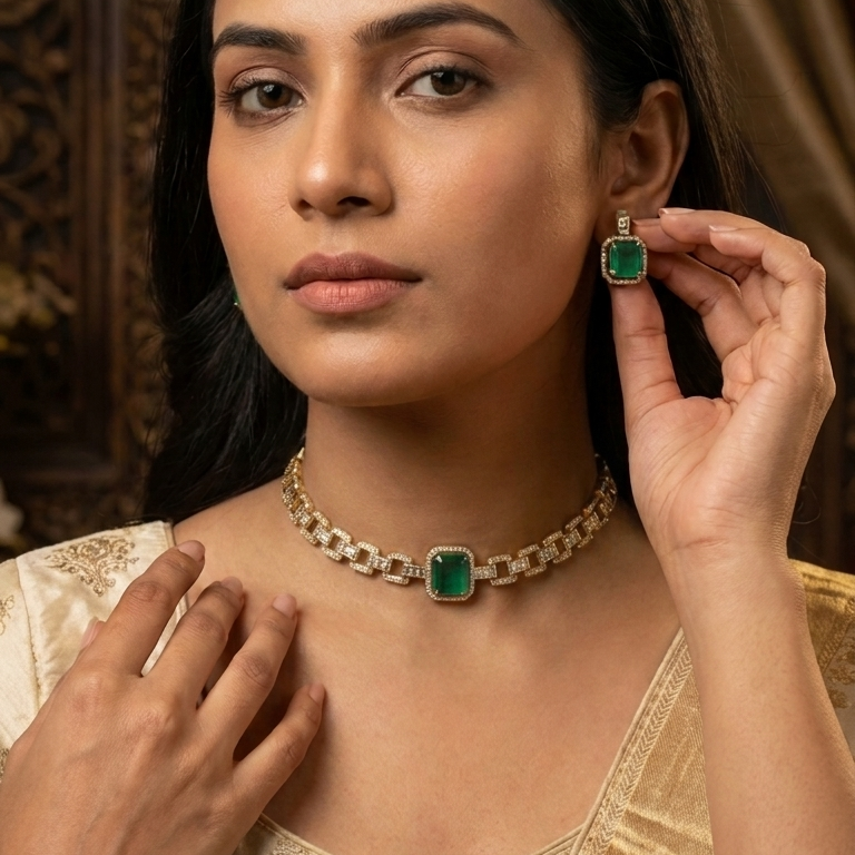 A woman wearing a gold-toned chain necklace with a rectangular green stone centerpiece and matching green stone earrings, posed against a dark ornate background.