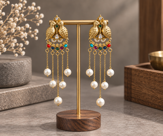 Antique Gold Mayura Tassel Earrings - Multi