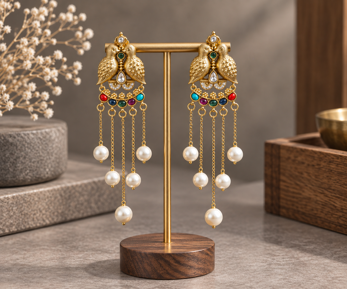 Antique Gold Mayura Tassel Earrings - Multi