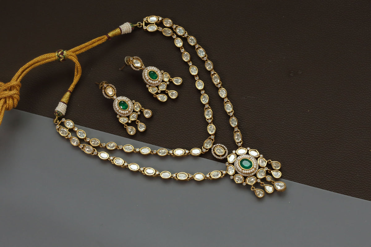 Premium Uncut Polki Green Doublet Set