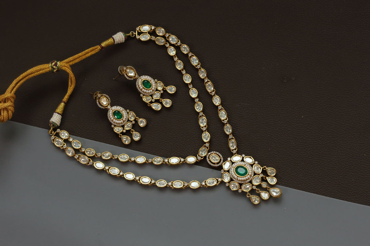 Premium Uncut Polki Green Doublet Set