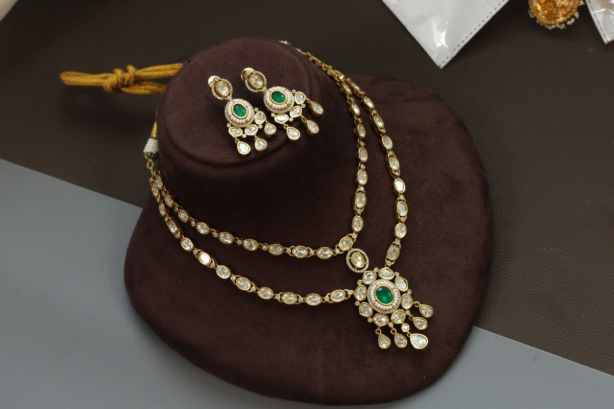 Premium Uncut Polki Green Doublet Set