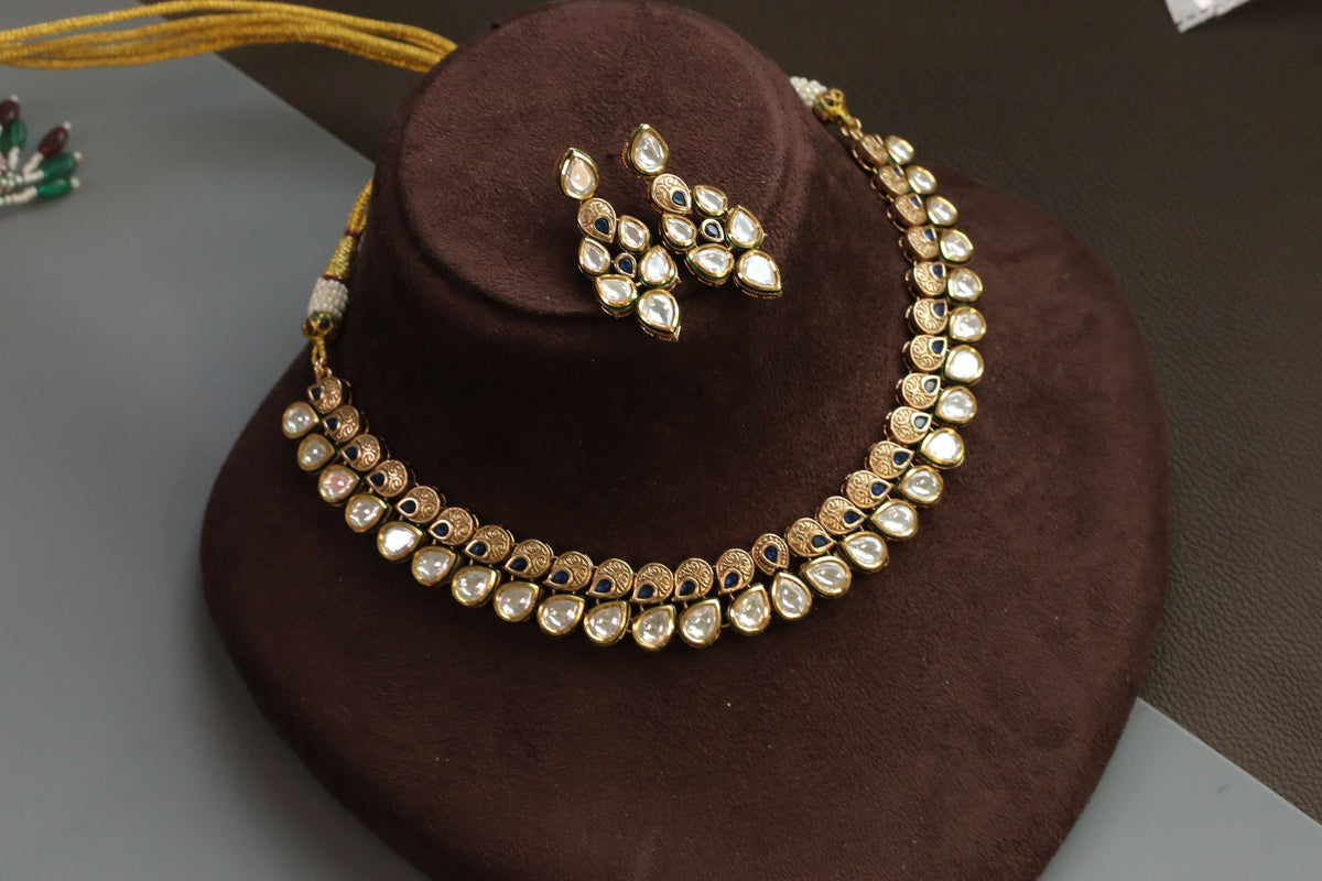 Rajwadi Bikaneri Kundan Necklace Set - Blue