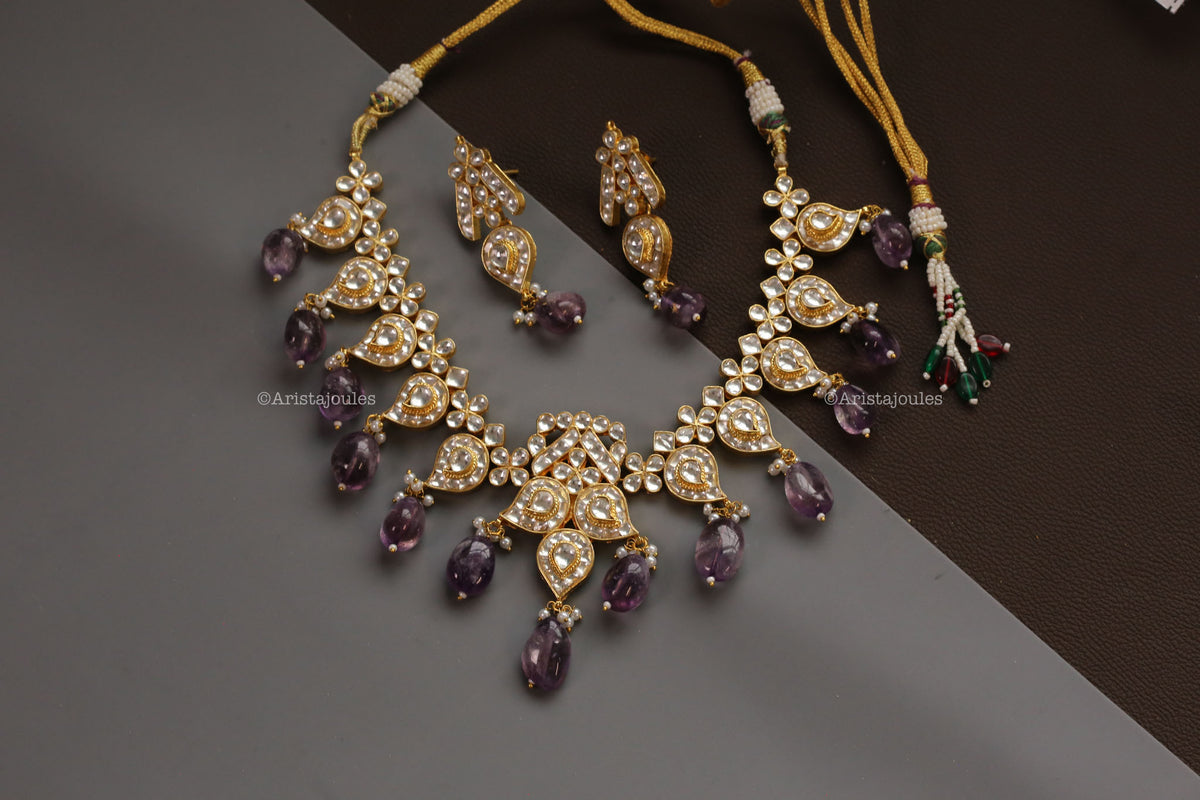 Handmade Amethyst Pachi Kundan Necklace  Set