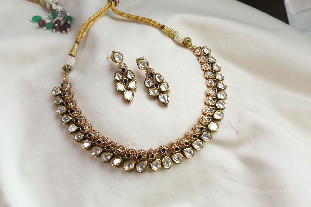 Rajwadi Bikaneri Kundan Necklace Set - Blue