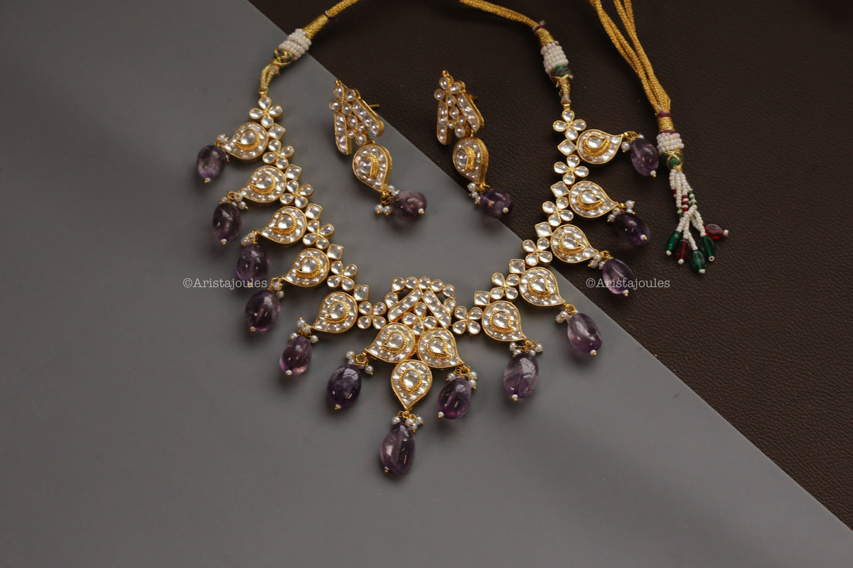 Handmade Amethyst Pachi Kundan Necklace  Set