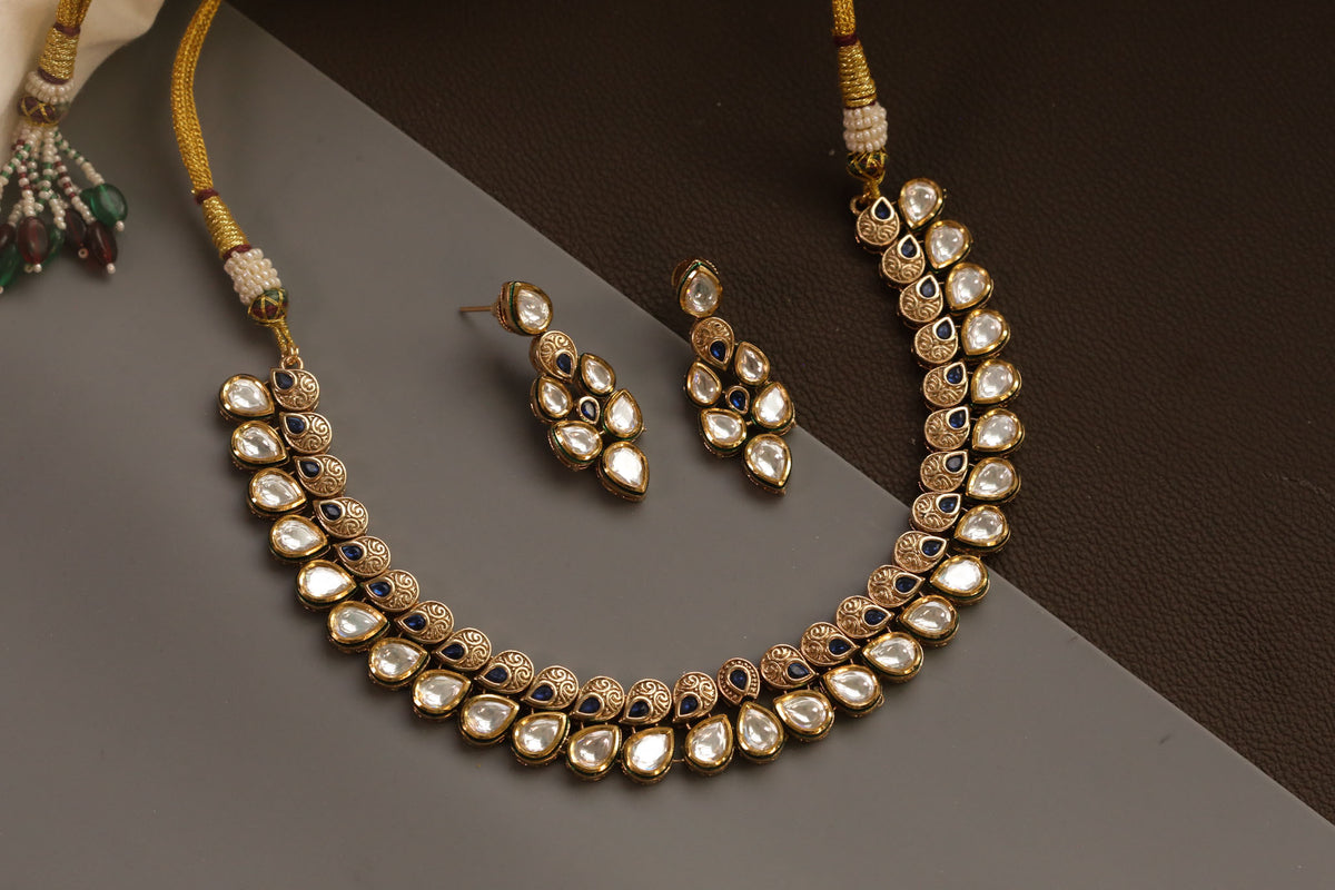 Rajwadi Bikaneri Kundan Necklace Set - Blue