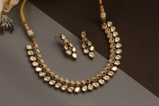 Rajwadi Bikaneri Kundan Necklace Set - Blue