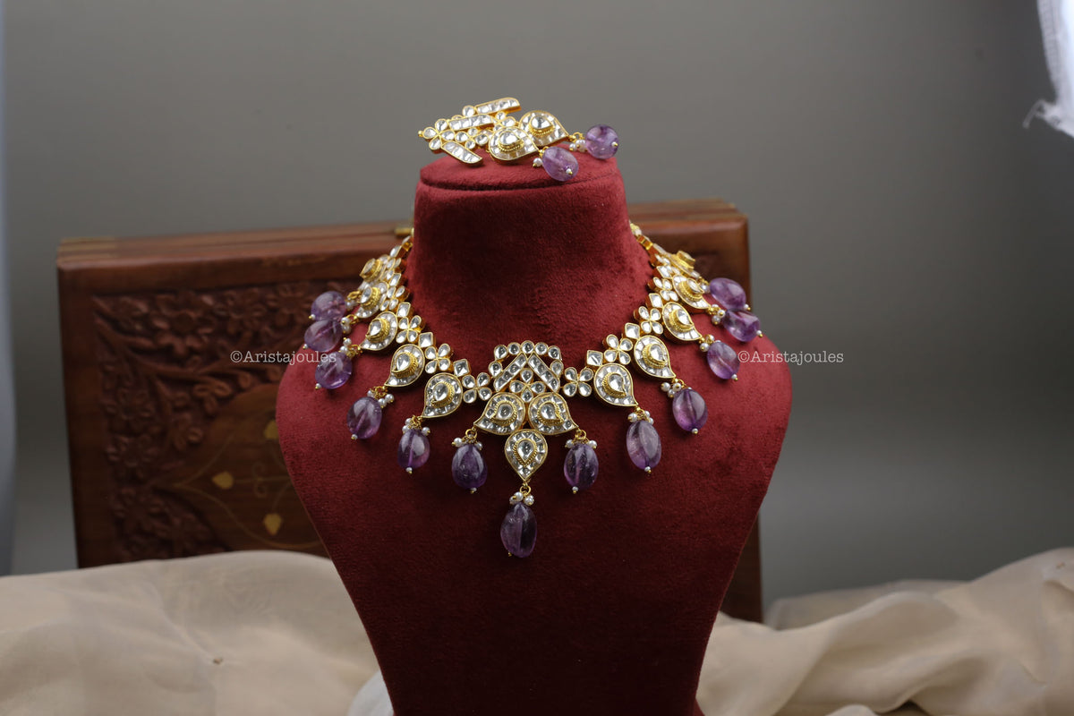 Handmade Amethyst Pachi Kundan Necklace  Set