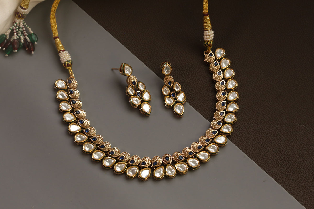 Rajwadi Bikaneri Kundan Necklace Set - Blue