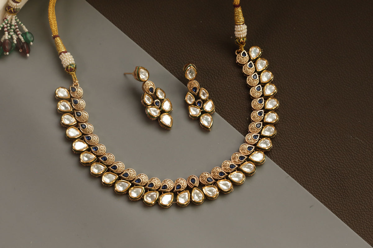 Rajwadi Bikaneri Kundan Necklace Set - Blue