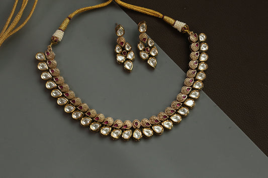 Rajwadi Bikaneri Kundan Necklace Set - Red