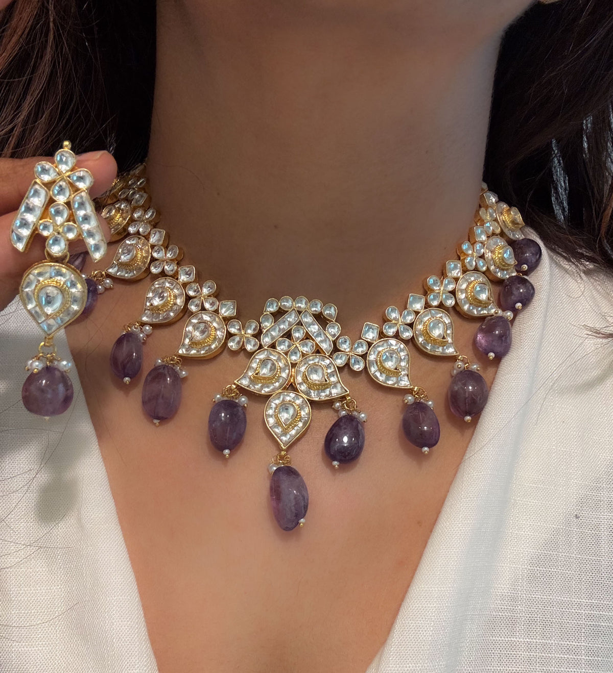 Handmade Amethyst Pachi Kundan Necklace  Set