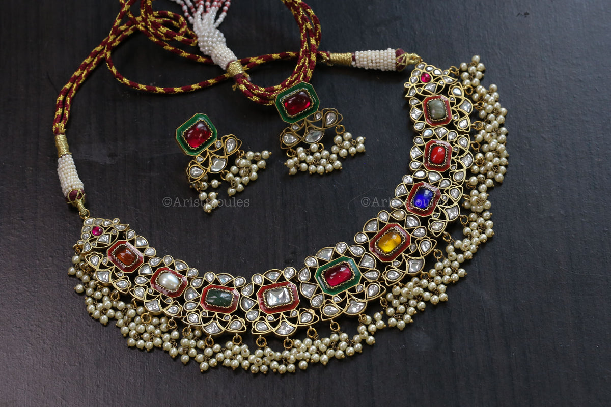 Kajal Vintage Polish Navratna Jadau Necklace Set