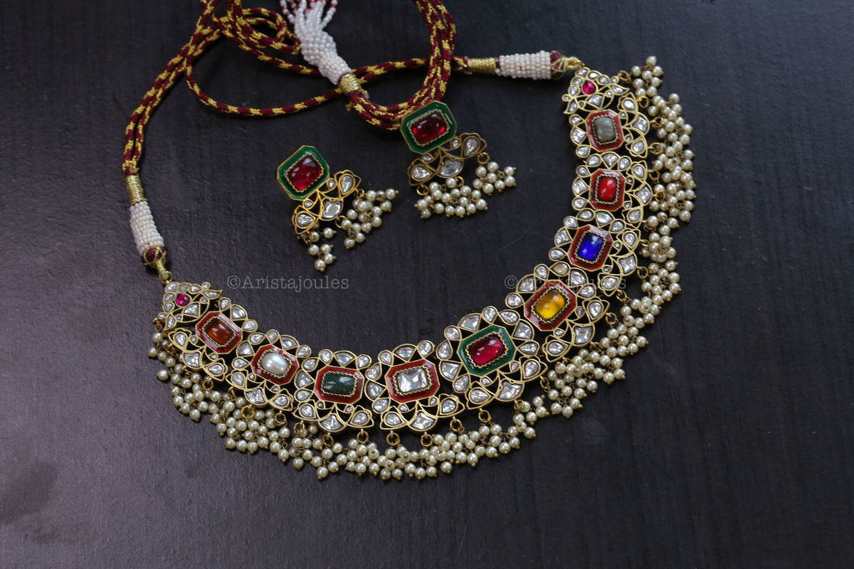 Kajal Vintage Polish Navratna Jadau Necklace Set