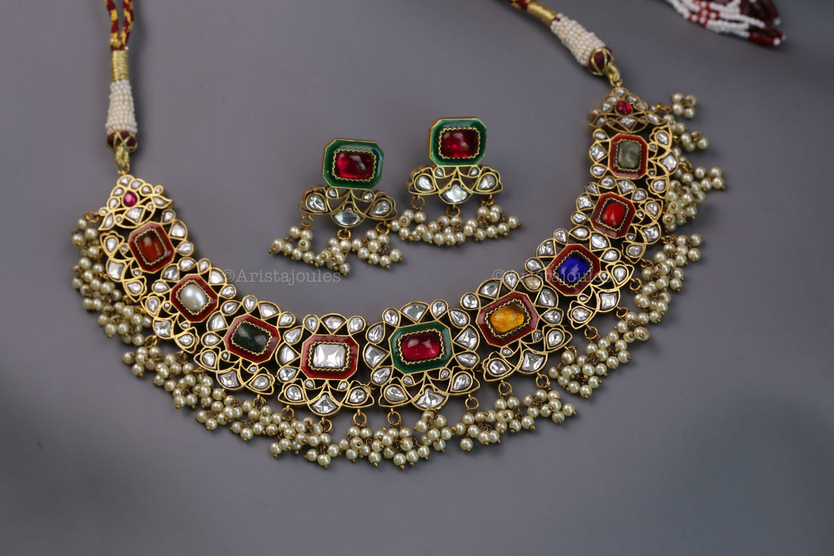Kajal Vintage Polish Navratna Jadau Necklace Set