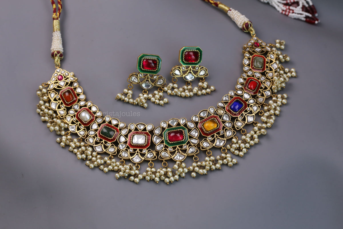 Kajal Vintage Polish Navratna Jadau Necklace Set