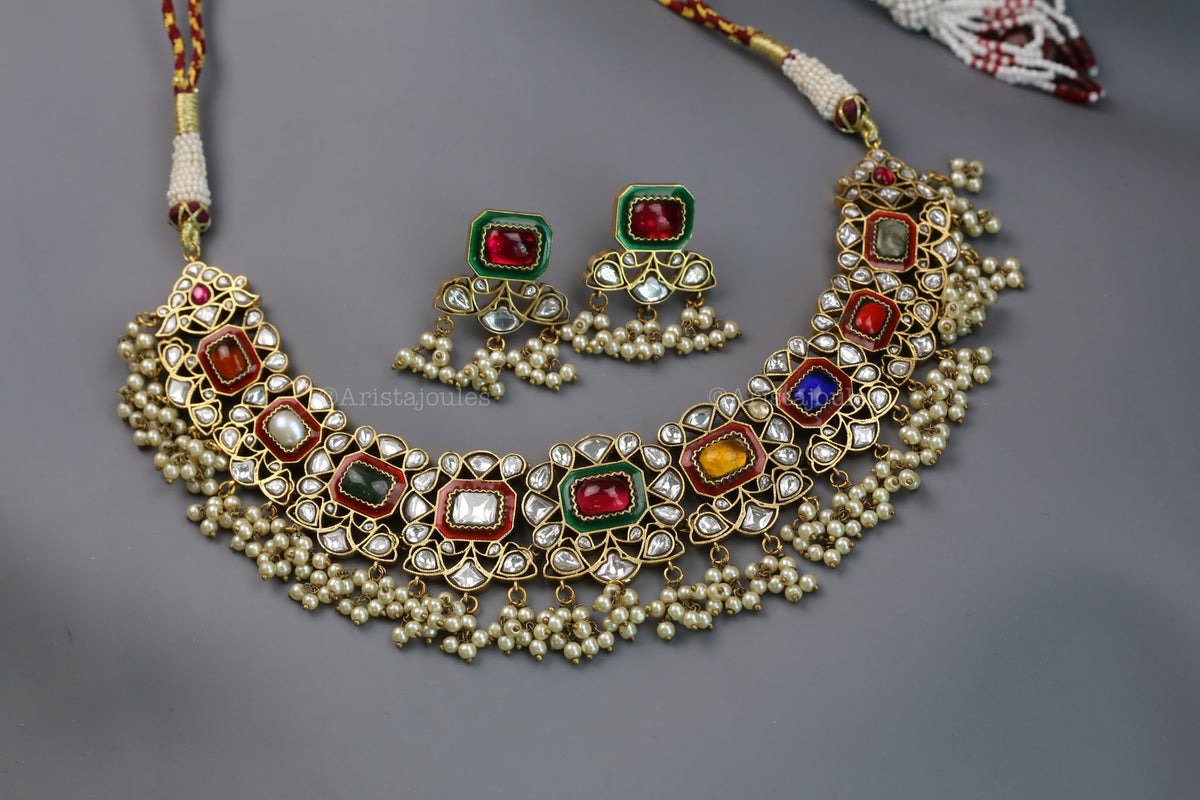 Kajal Vintage Polish Navratna Jadau Necklace Set