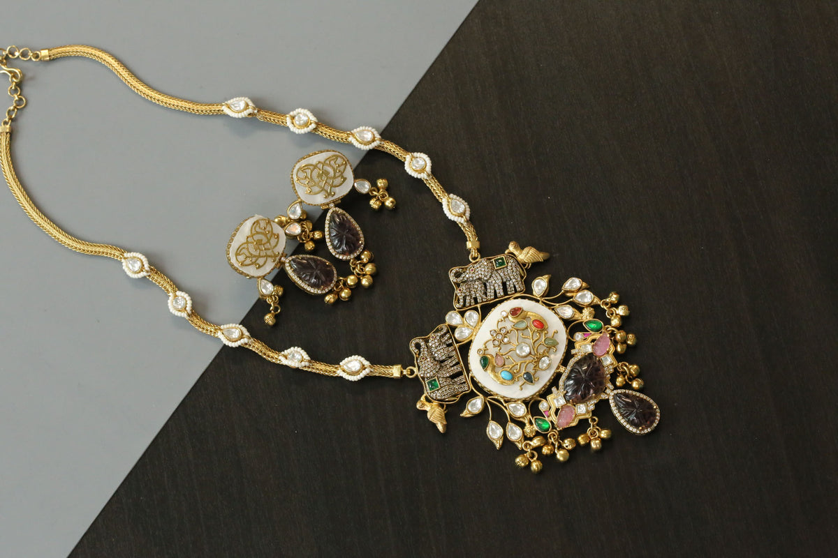 Jamini Antique Gold Fusion Kundan Necklace Set