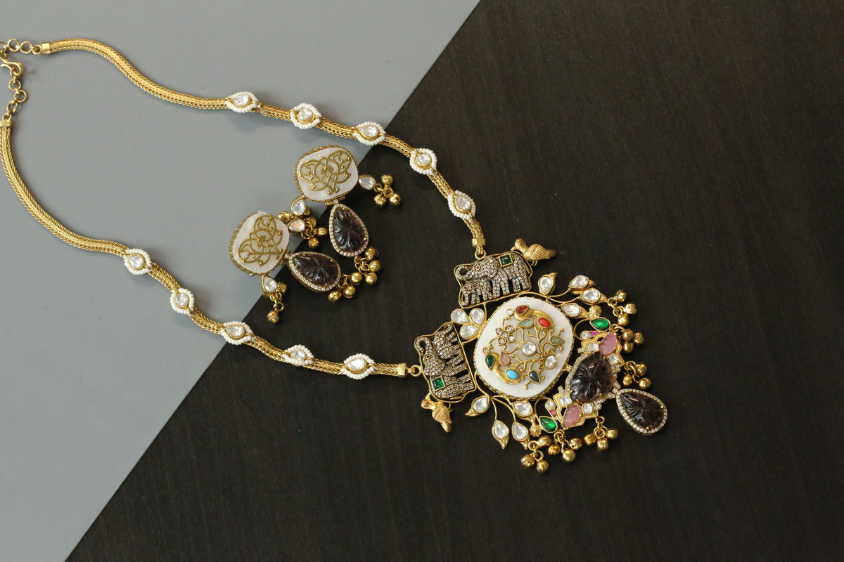 Jamini Antique Gold Fusion Kundan Necklace Set