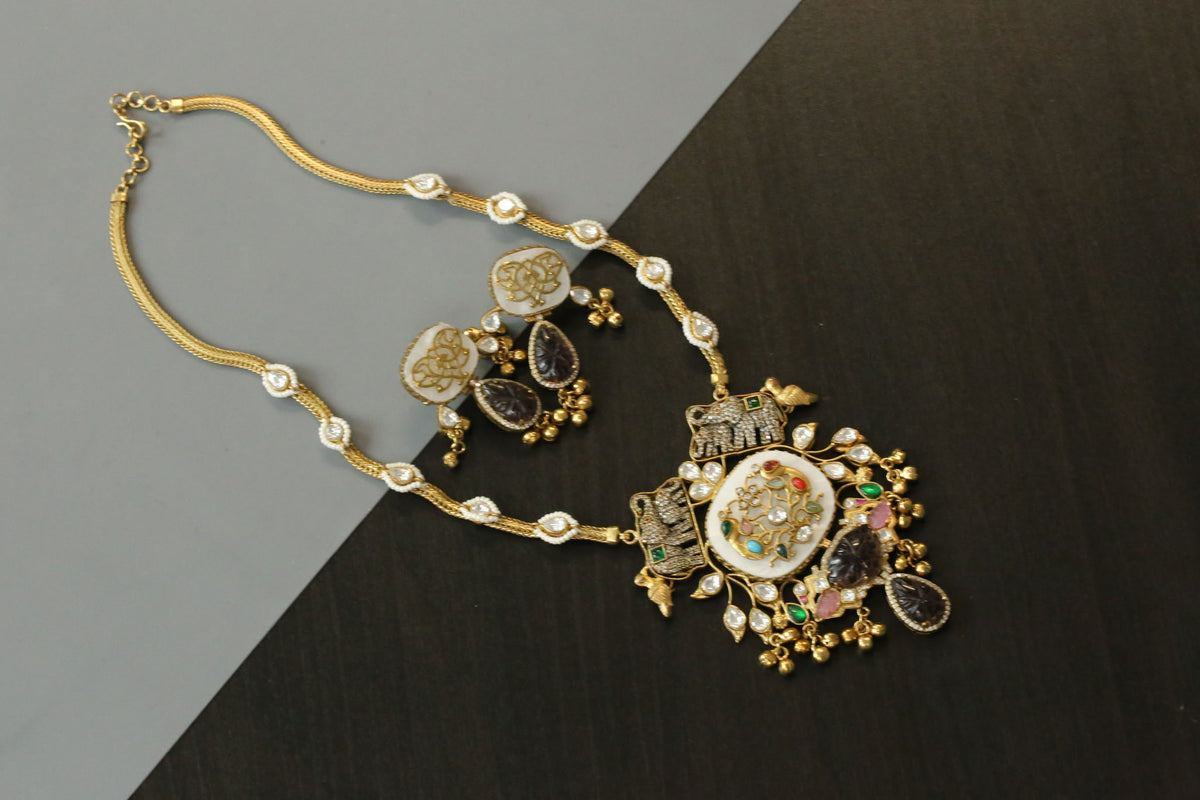 Jamini Antique Gold Fusion Kundan Necklace Set