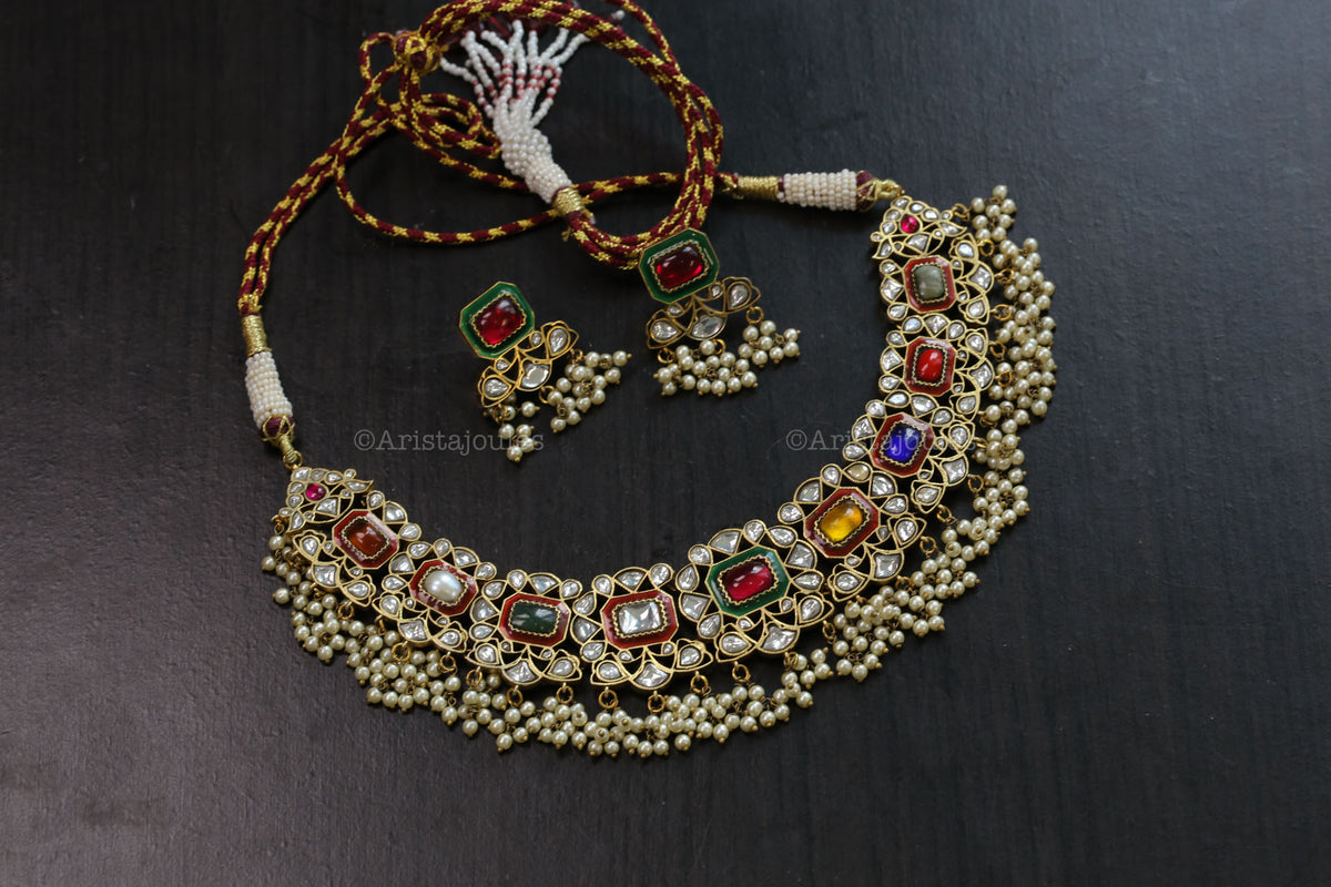 Kajal Vintage Polish Navratna Jadau Necklace Set