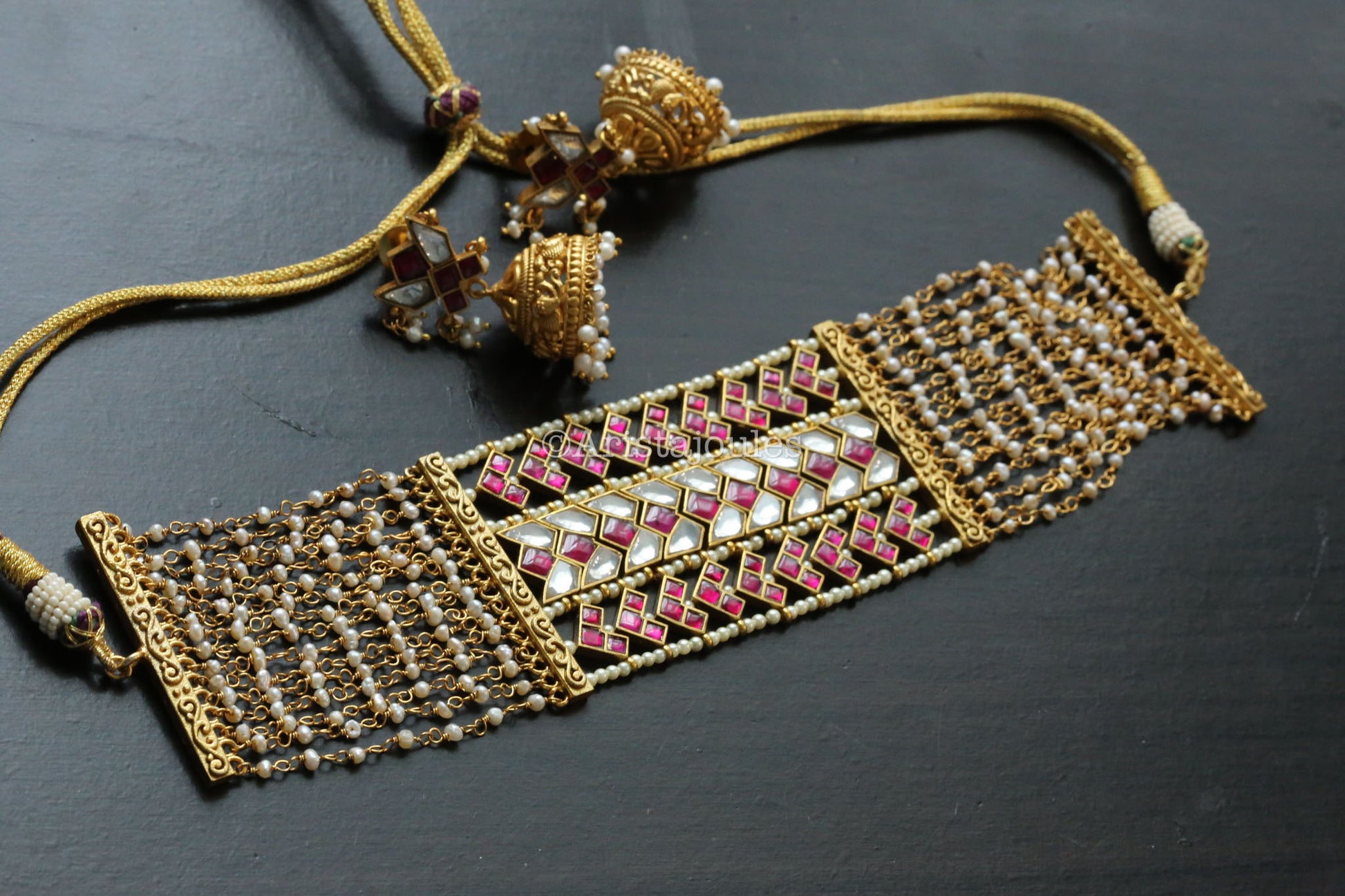 Designer Jadau Choker Set - Real Fresh Water Pearls