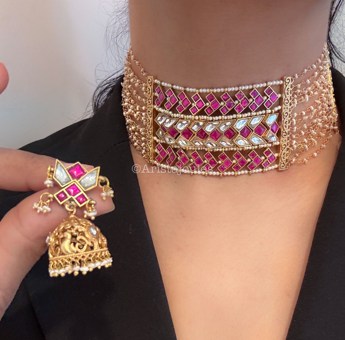 Designer Jadau Choker Set - Real Fresh Water Pearls