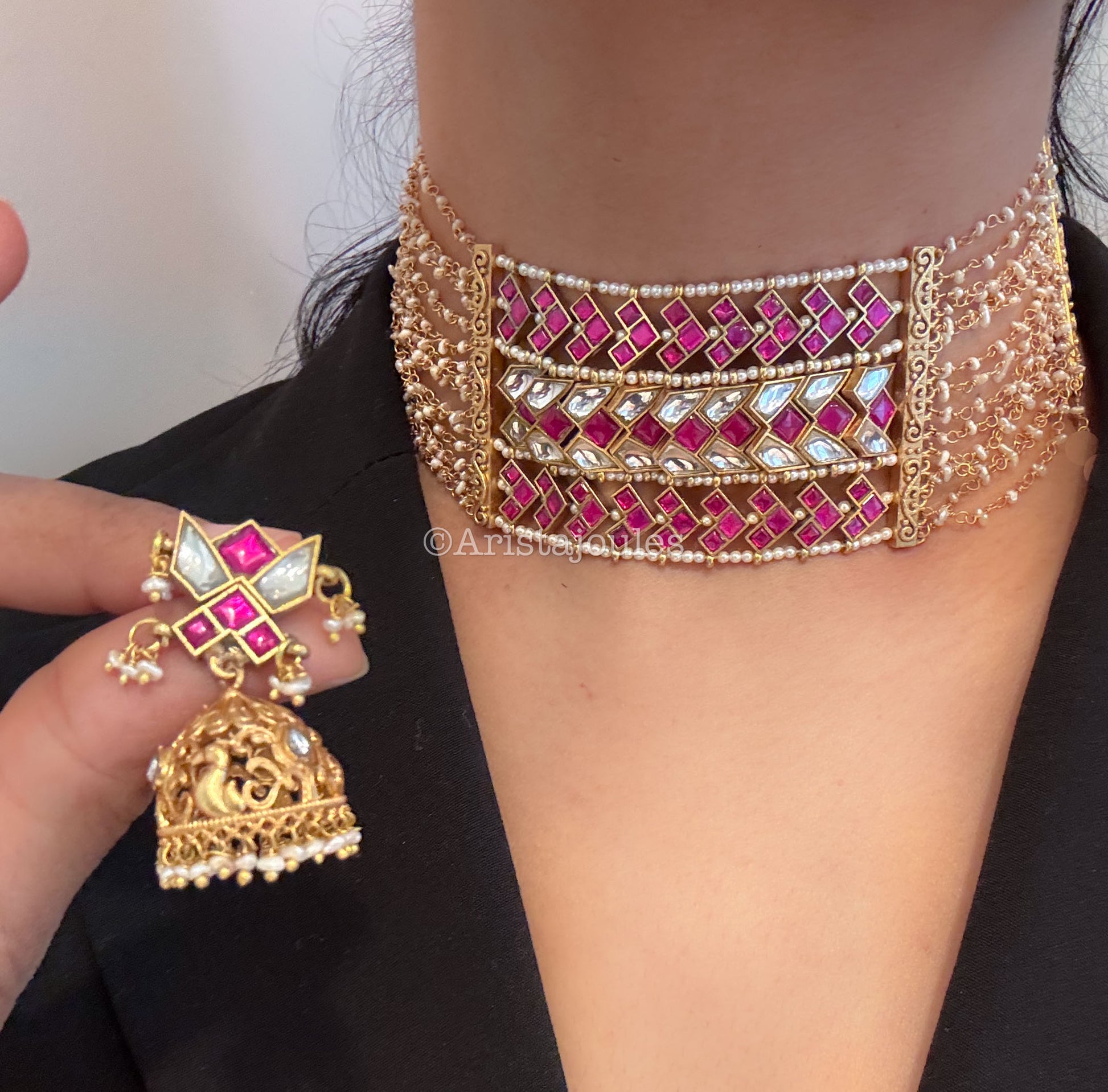 Designer Jadau Choker Set - Real Fresh Water Pearls