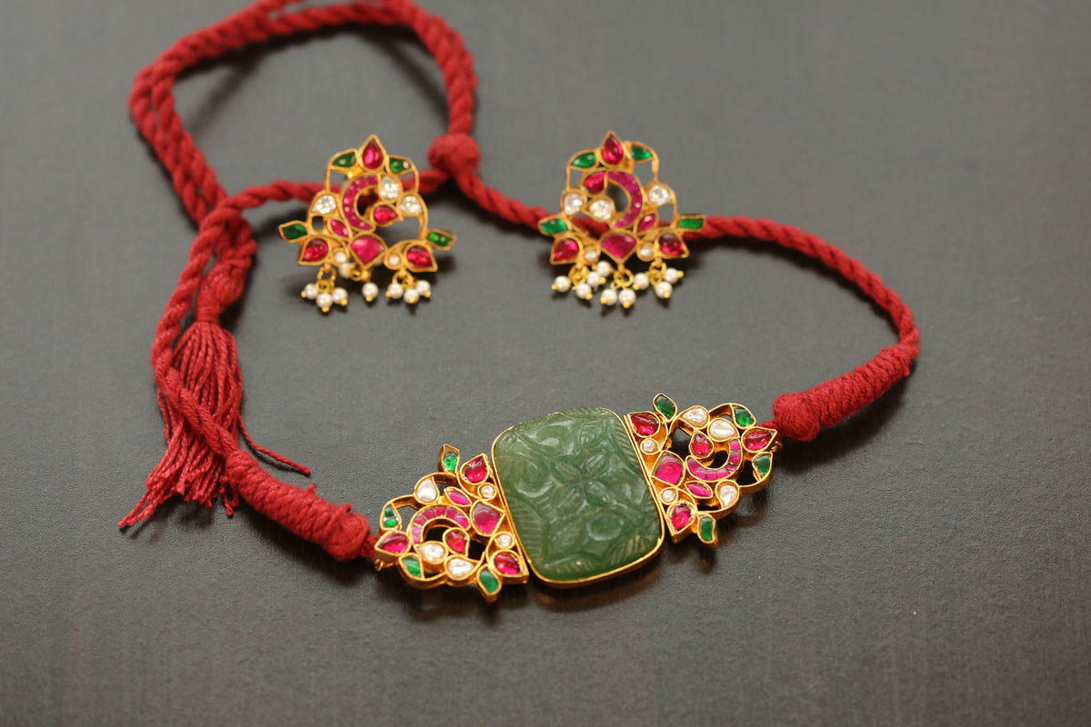 Jadau Kundan Choker Set - Carved Aventurine