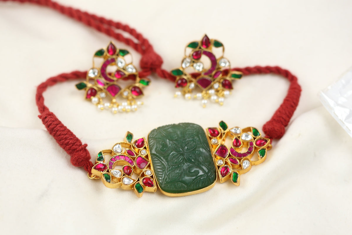 Jadau Kundan Choker Set - Carved Aventurine