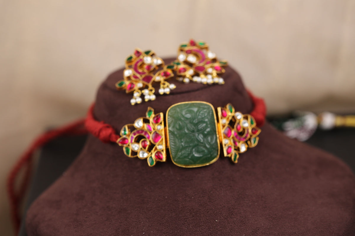 Jadau Kundan Choker Set - Carved Aventurine