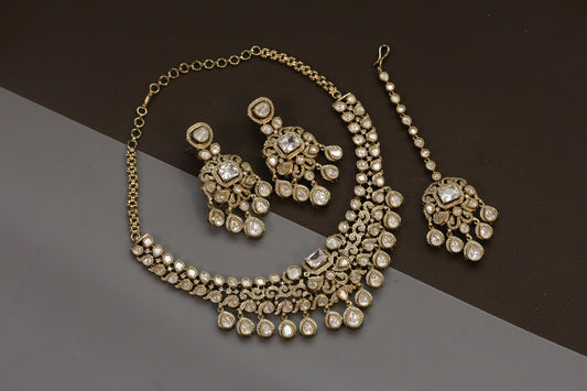 Nisha Kundan Polki & CZ Necklace Set with Teeka