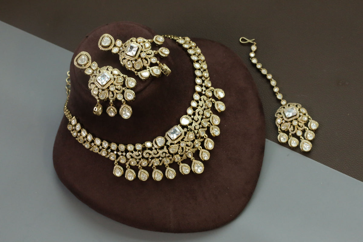 Nisha Kundan Polki & CZ Necklace Set with Teeka